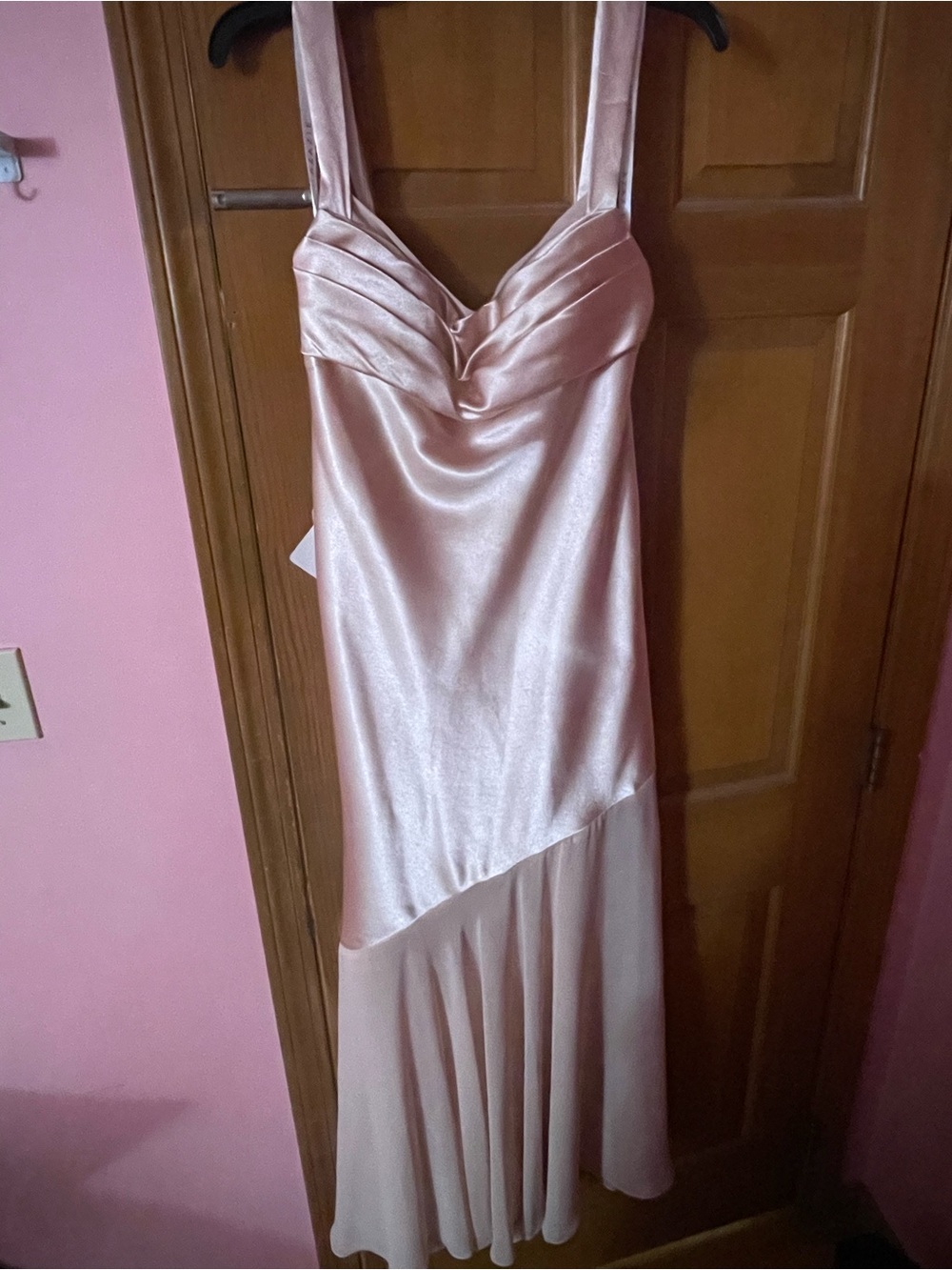 Azazie Blush Pink Satin Maxi Dress with Pleated Sweetheart Bodice